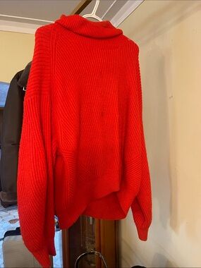 H&M Bright Red Ribbed Funnel Neck Sweater